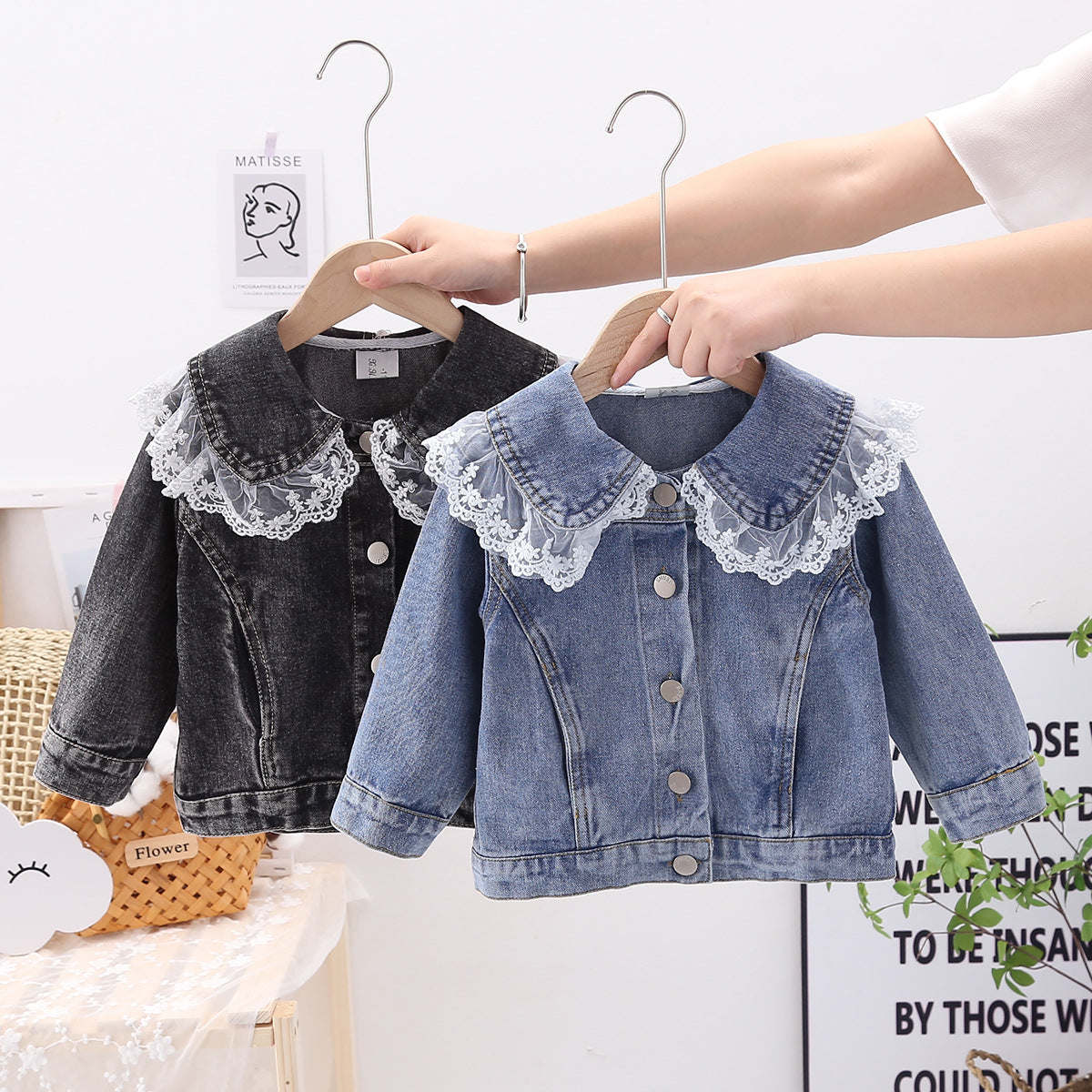 Baby Girl Lace Mesh Patches Doll Neck Button Front Design Sweet Style Denim Coat