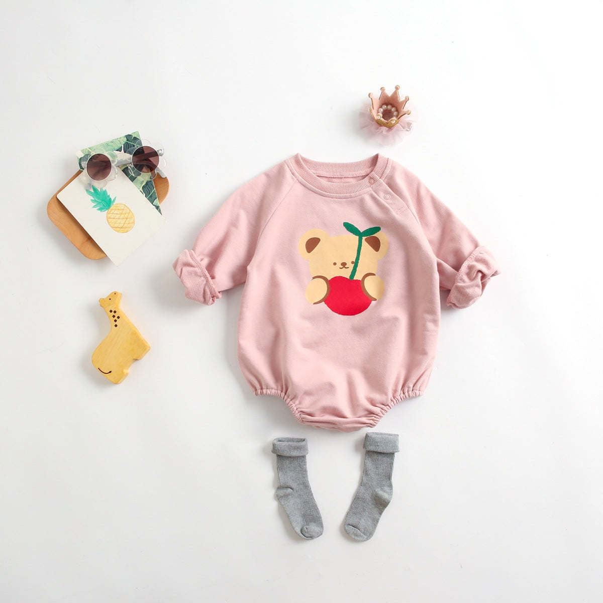 Newborn Baby Cartoon Graphic Shoulder Buckle Design Soft Onesies Bodysuit