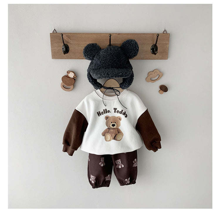 Baby Boy And Girl Bear Print Color Matching Design Spring Autumn Long Sleeve Hoodie