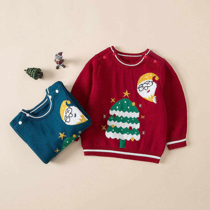 Baby Santas & Christmas Tree Graphic Shoulder Button Design Pullover Sweater