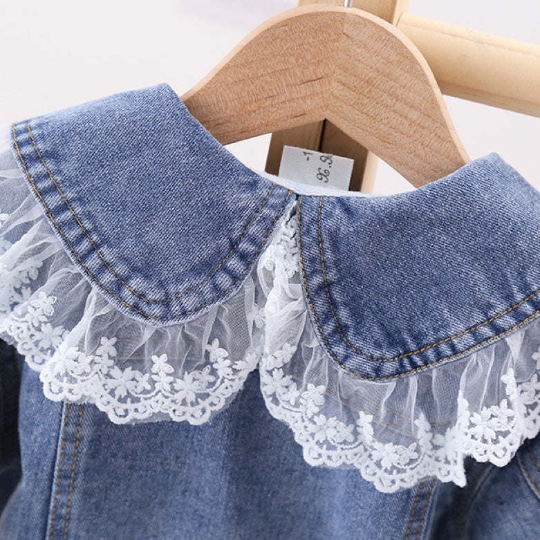 Baby Girl Lace Mesh Patches Doll Neck Button Front Design Sweet Style Denim Coat